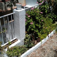 Limpieza de jardín, reparación de macetas y columnas, arriates de ladrillos, pintura (todo en blanco)